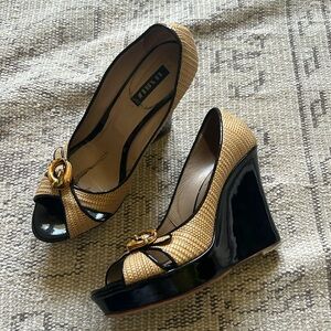 Le Zilla woven peep toe buckle wedges